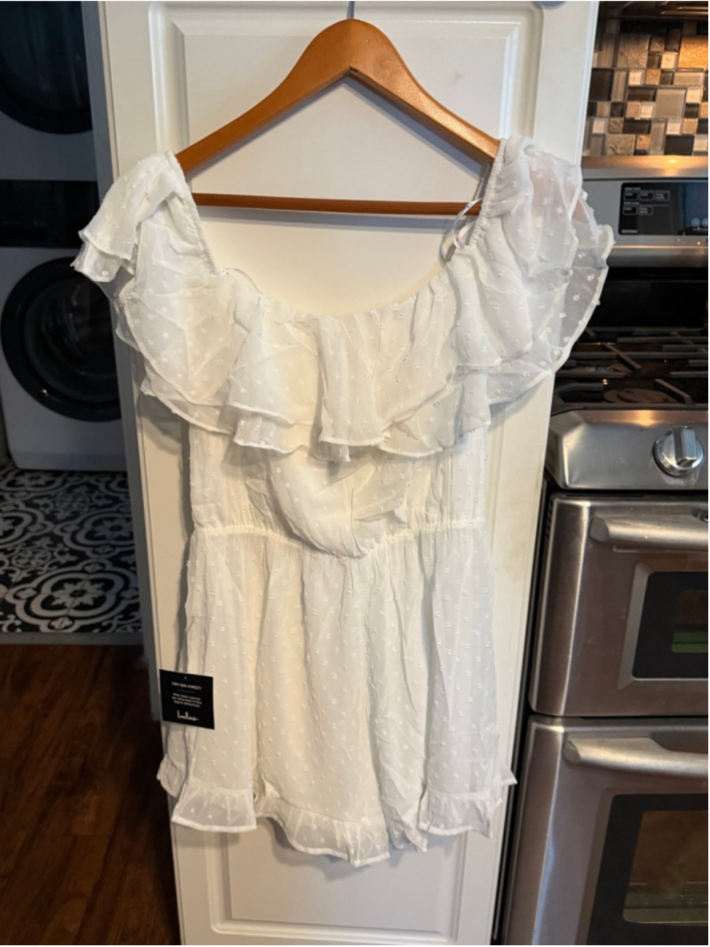 NWT Lulus Frilled to Bits White Swiss Dot Off-the-Shoulder Romper - Picture 7 of 10